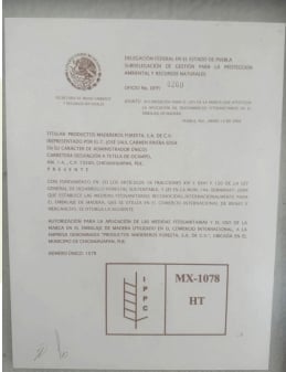 Scanned document page with official seal, Spanish text, and architectural diagram labeled MX-1078 showing a shelving unit